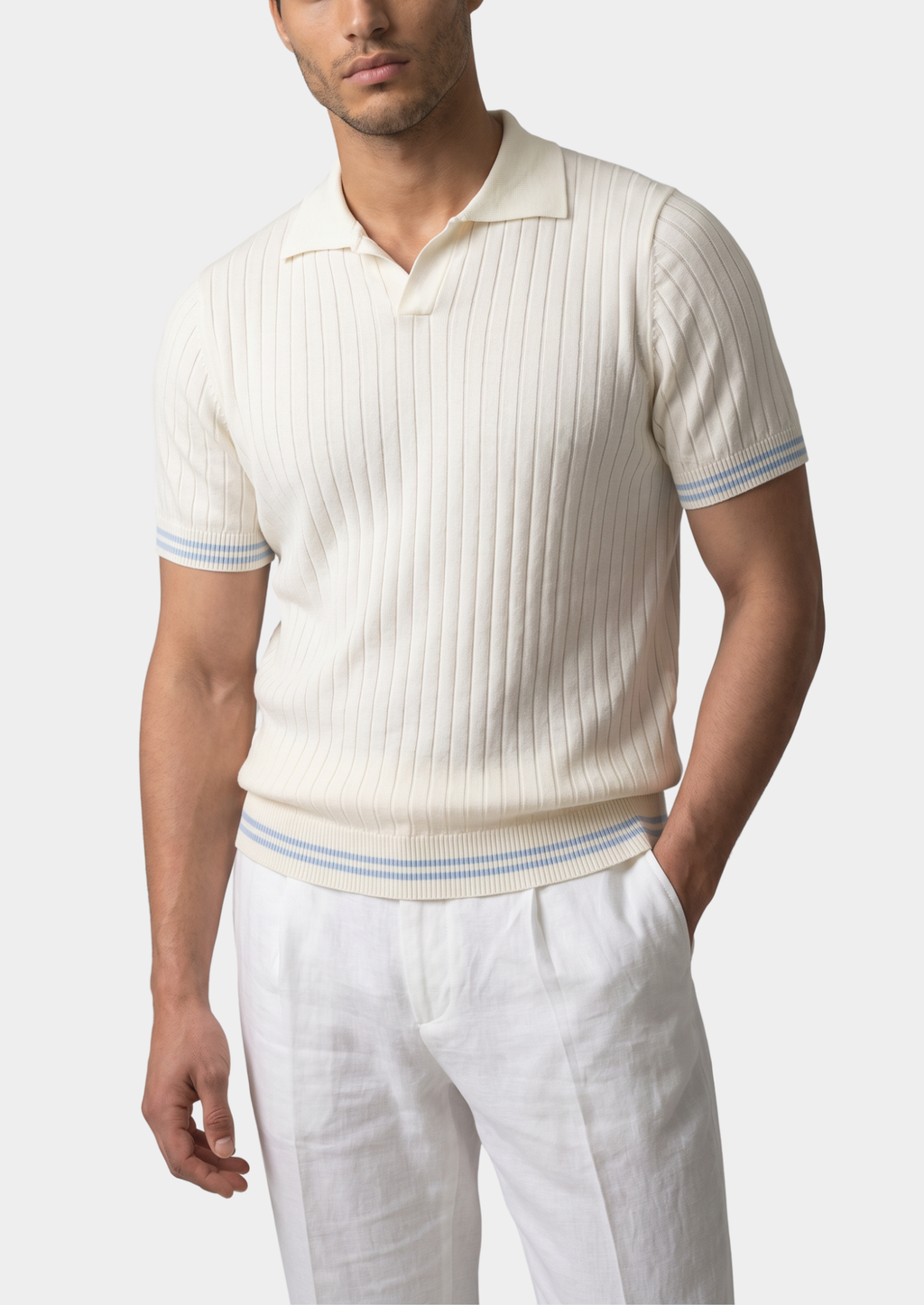 PIERRE LIGHT BLUE RIBBED BUTTONLESS POLO