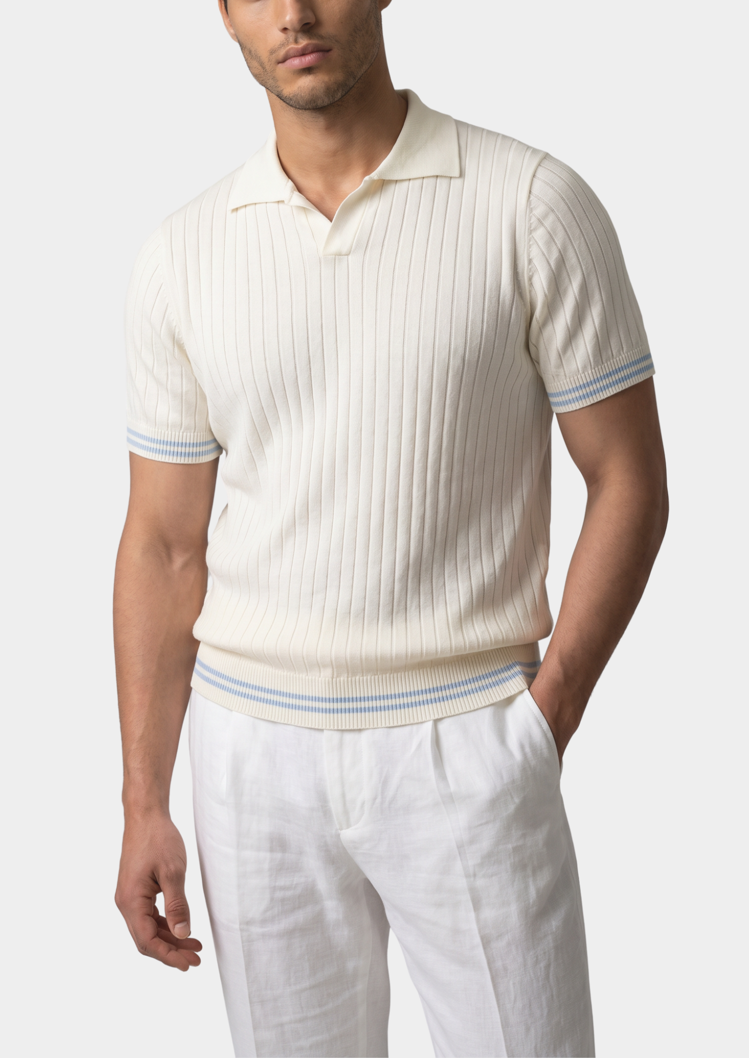 PIERRE LIGHT BLUE RIBBED BUTTONLESS POLO
