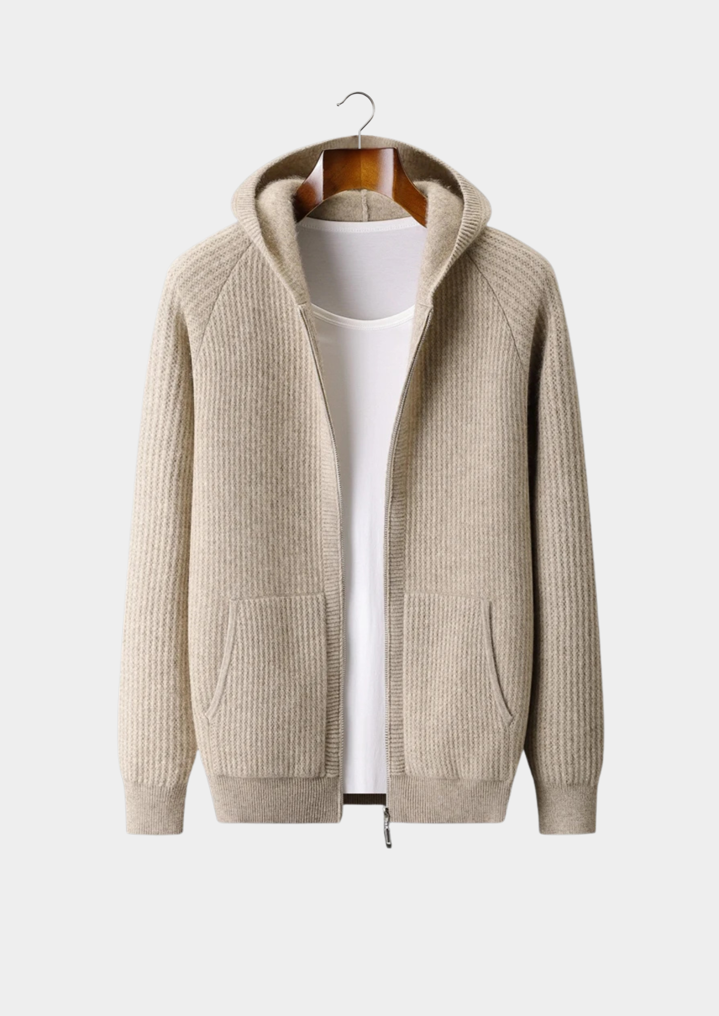 PURE EXTRA-FINE MERINO WOOL RIBBED ZIPPER HOODIE