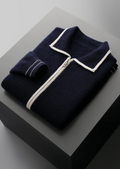 PURE EXTRA-FINE MERINO WOOL TWO-TONE POLO CARDIGAN