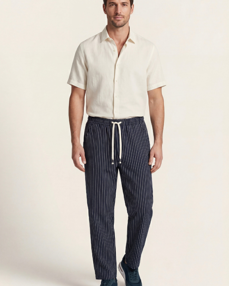 VIENA STRIPE LINEN TROUSERS - NAVY