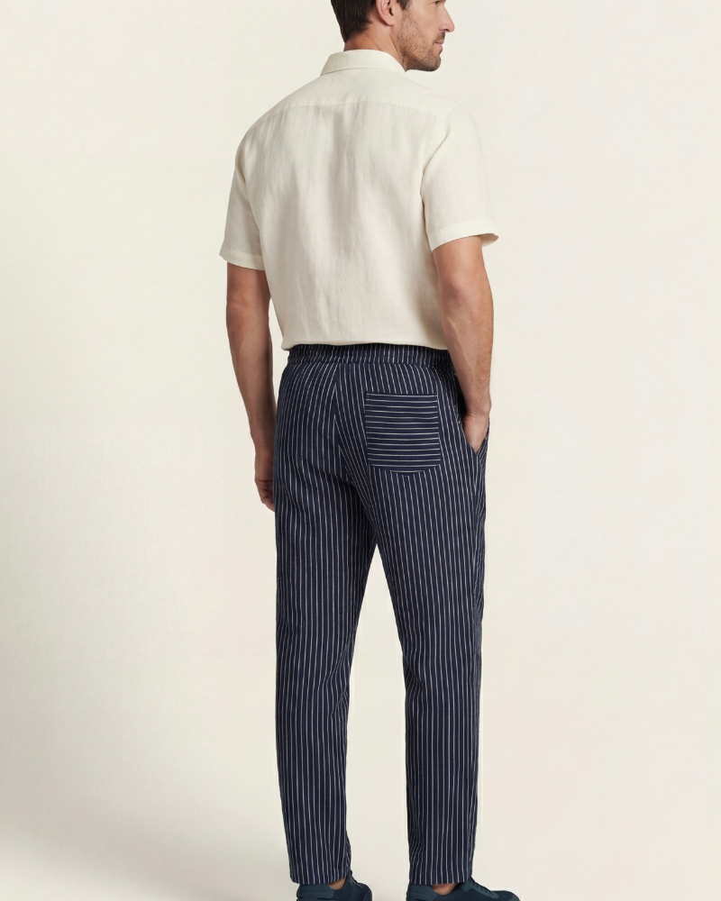 VIENA STRIPE LINEN TROUSERS - NAVY
