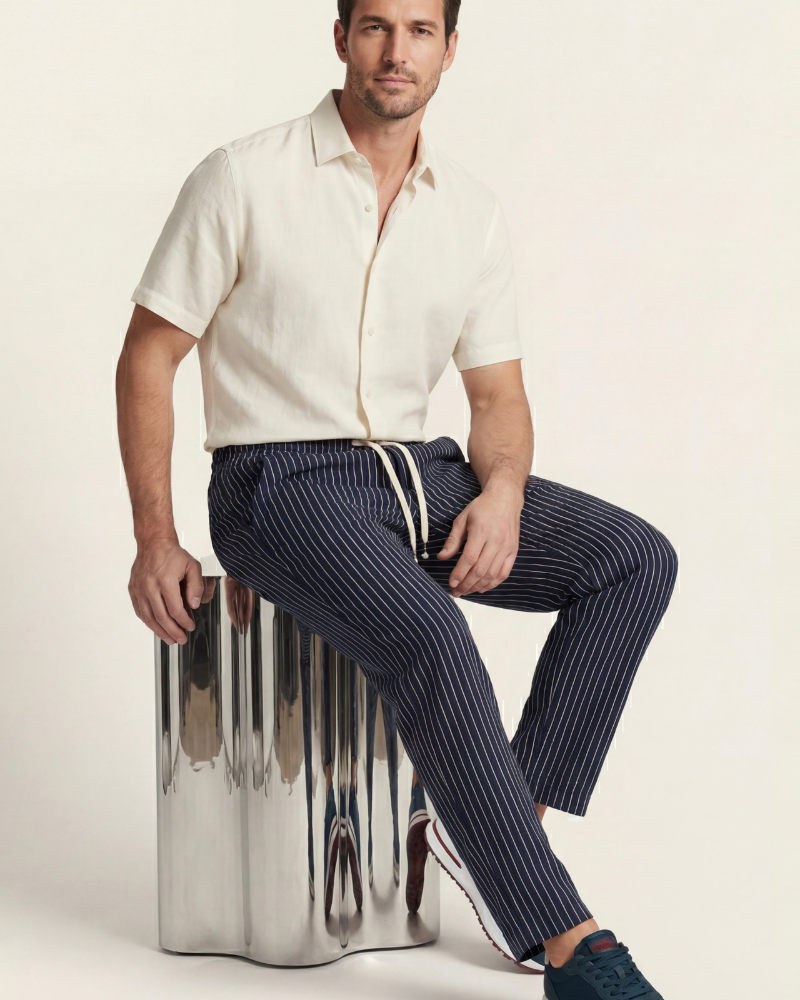 VIENA STRIPE LINEN TROUSERS - NAVY