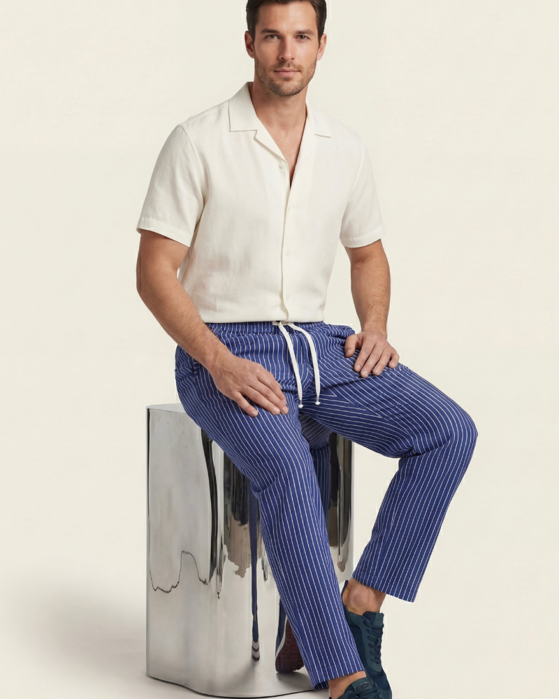 VIENA STRIPE LINEN TROUSERS - BLUE