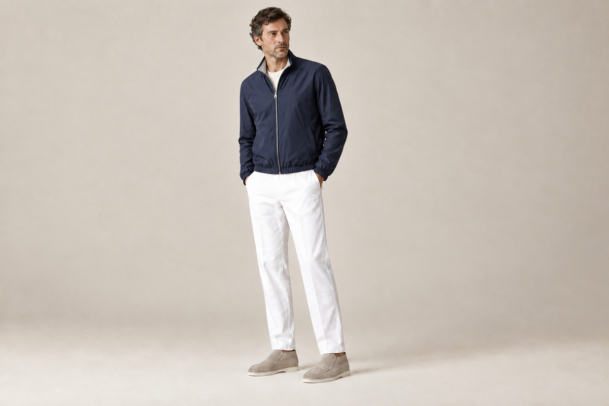 Men’s model wearing the navy jacket and referenced shoes